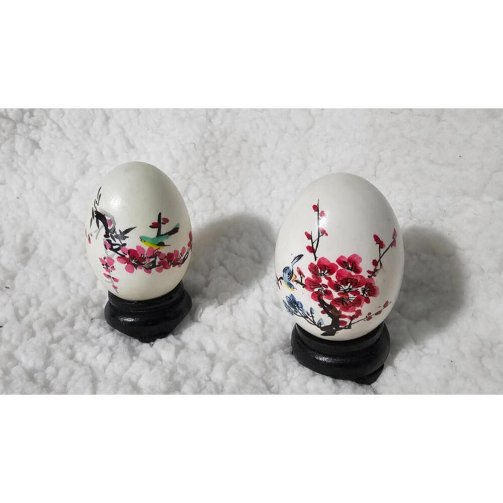 (2) Vintage Japanese Style Hand Painted Artist plastic Eggs With Stands Boxes 3"